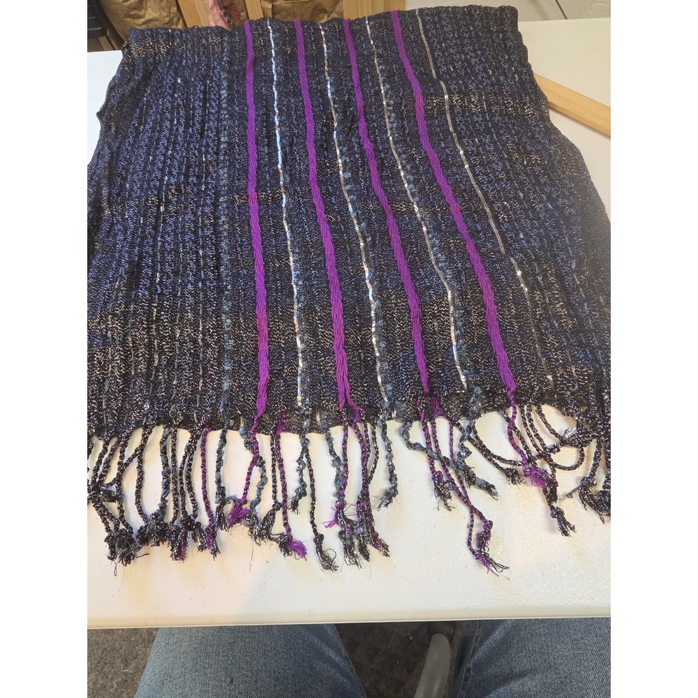 Charming Charlie Metallic Woven Scarf Black Silver Purple Stripe Fringe Wrap...‎